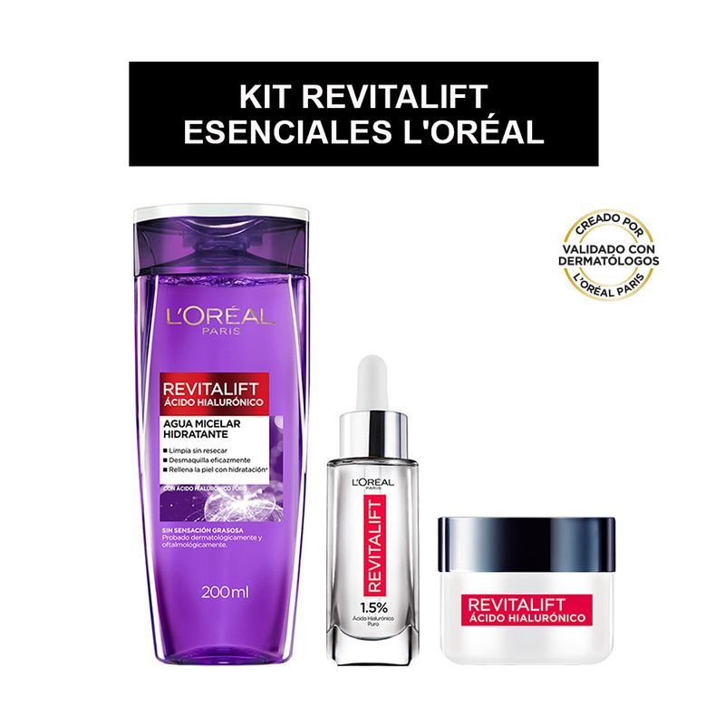 kit-revitalift-esenciales-acido-hialuronico-serum-facial-agua-micelar-y-crema-de-dia