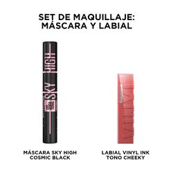 Set de Maquillaje Maybelline: Máscara de Pestañas Sky High Cosmic Black + Labial Vinyl Ink Cheeky