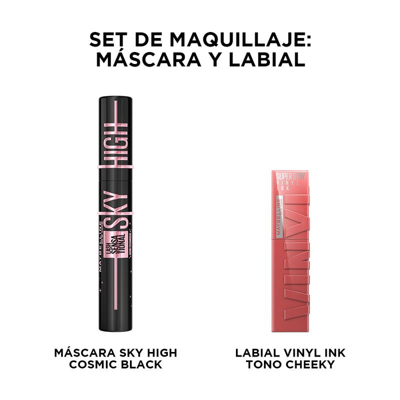 set-de-maquillaje-maybelline-mascara-de-pestanas-sky-high-cosmic-black-labial-vinyl-Ink-cheeky