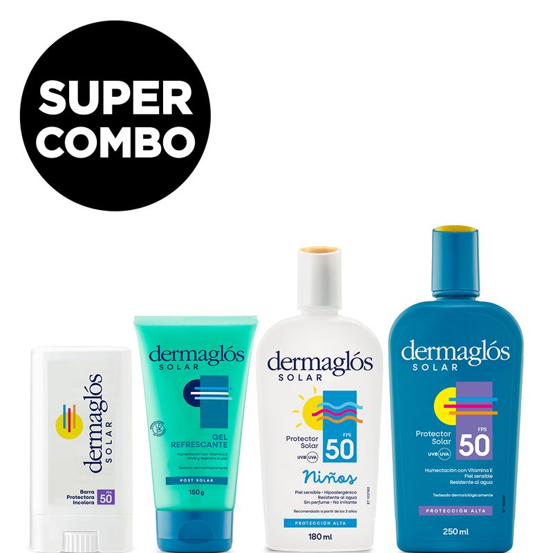 combo-dermaglos-barra-protectora-fps-50-x-14-g-protector-solar-fps-50-x-250-ml-protector-solar-ninos-emulsion-fps-50-x-180-ml-gel-post-solar-refrescante-x-150-g