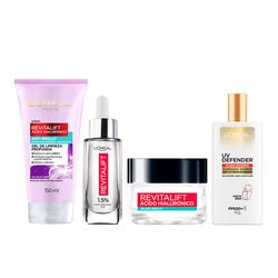 Combo L'Oréal París Revitalift Ácido Hialurónico Gel Limpieza x 150 ml + Sérum Rellenador x 30 ml + Gel Crema x 50 ml + UV Defender x 40 g