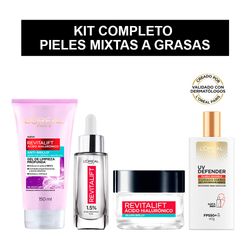 Combo L'Oréal París Revitalift Ácido Hialurónico Gel Limpieza x 150 ml + Sérum Rellenador x 30 ml + Gel Crema x 50 ml + UV Defender x 40 g