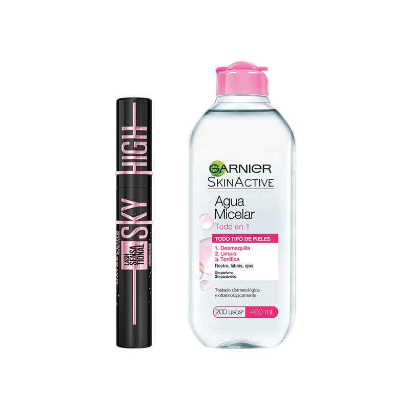 combo-mascara-de-pestanas-maybelline-lash-sensational-sky-high-cosmic-agua-micelar-garnier-skin-active-x-400-ml